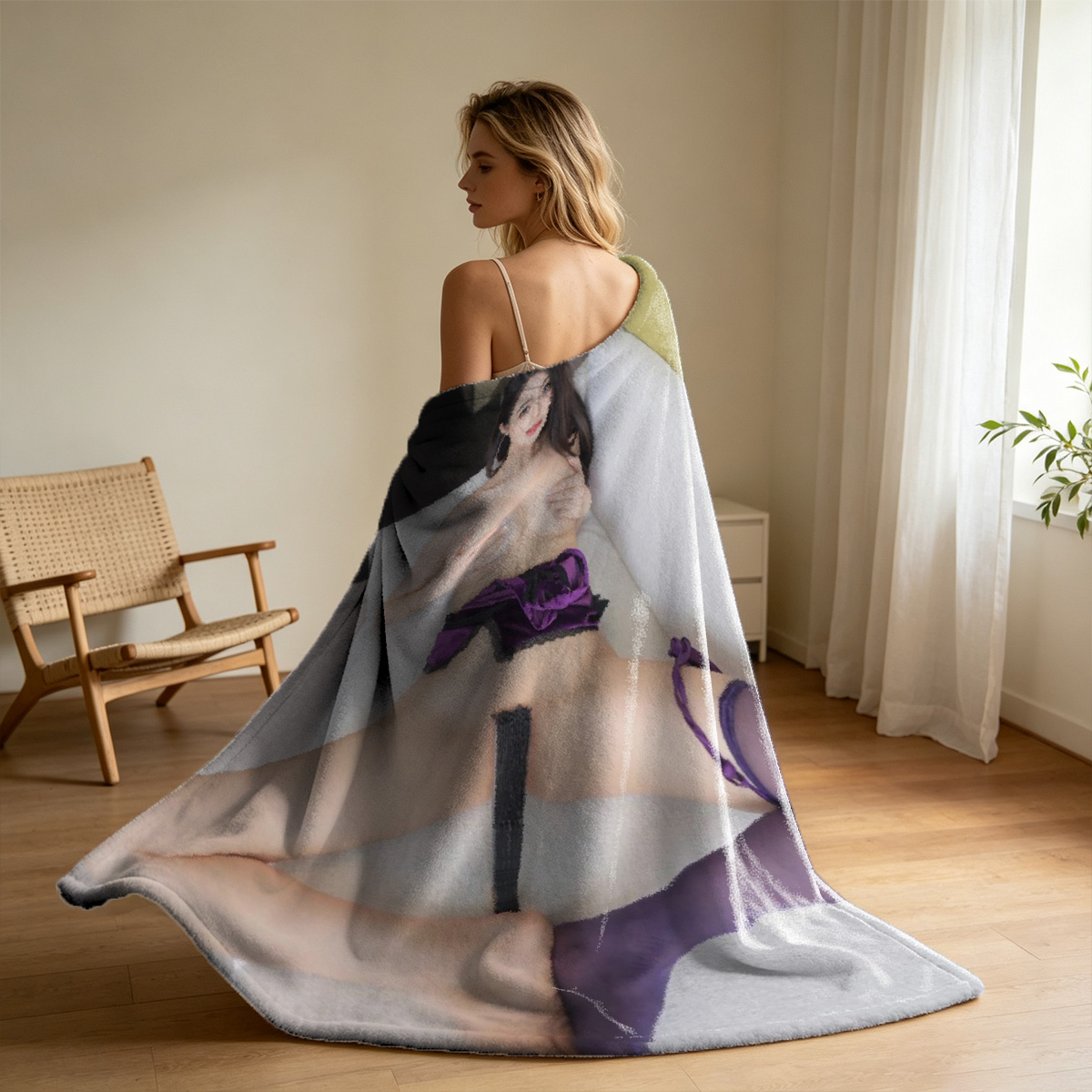 Japanese Actress in Black Slip Dress Leaning by Window - Blanket