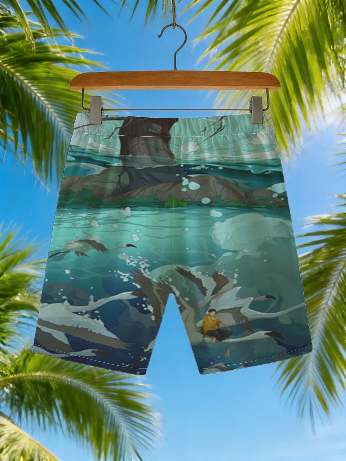 A boy rides a swan through a mystical underwater world beneath a giant tree. -  Beach shorts