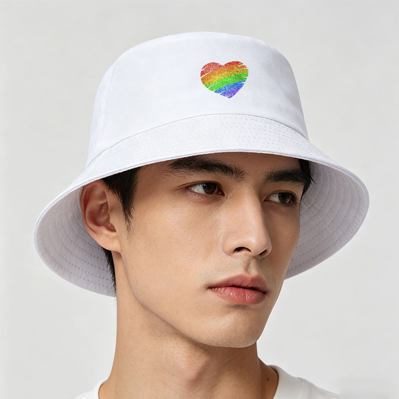 Unisex Bucket Hat with Rainbow Heart Print Glitter Design - Classic Cotton Sun Hat for Outdoor Activities, Beach, Travel, and Pride Events - Suitable for Adults, Men and Women, Casual Fashion Statement Accessory
