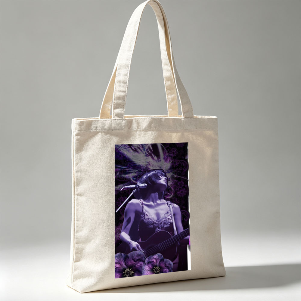 Bj?rk Performing with Guitar in Purple Floral Scene - Canvas tote bags