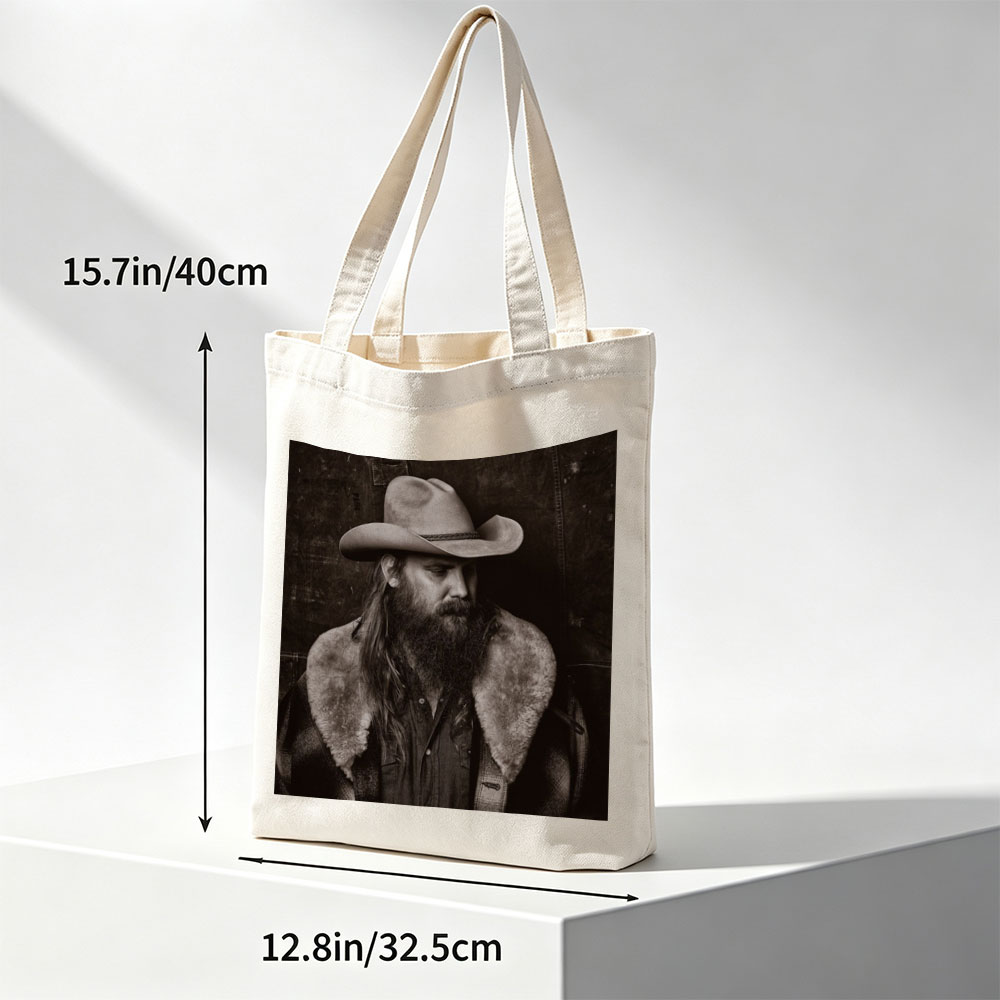 Chris Stapleton in a Cowboy Hat and Fur-Collared Jacket, Gazing Thoughtfully in a Monochrome Portrait - Canvas tote bags