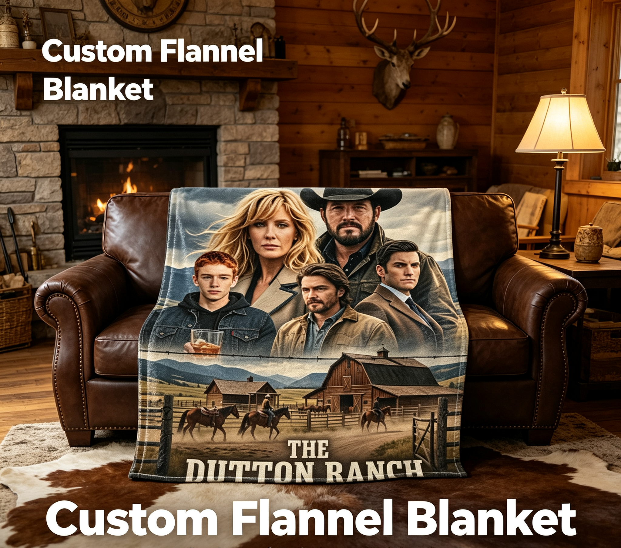 Custom Face Blanket The Dutton Ranch Flannel Blanket Western TV Show Fan Gift for Cowgirl and Cowboy Lovers Home Decor or Cozy Bedding Present