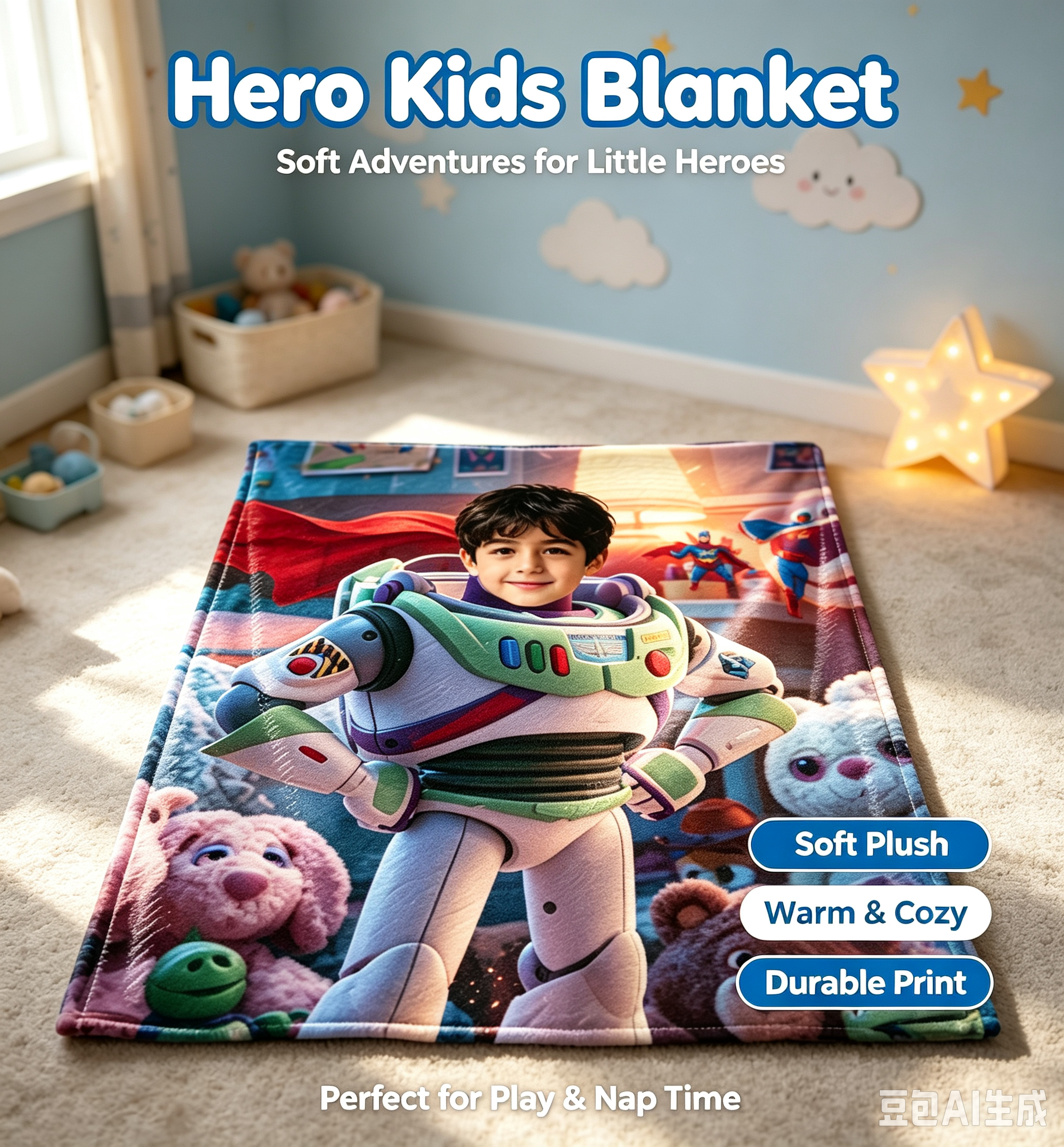 Custom Face Space Ranger Blanket for Boys, Personalized Soft Flannel Throw Blanket with Child Photo, Cartoon Hero Theme Birthday Christmas Gift for Kids