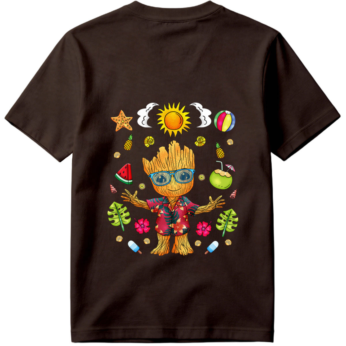Groot in Hawaiian Shirt with Summer Elements - Tee