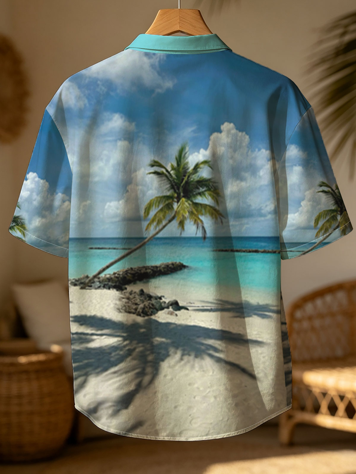 Tropical beach with palm tree leaning over turquoise water and white sand under blue sky. -  Shirt