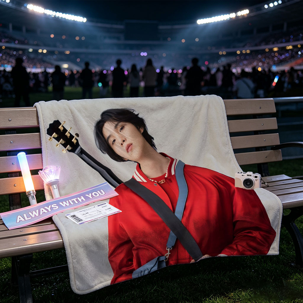 Jungkook with Guitar in Red Jacket and Blue Bag, Standing Against Gray Background - Blankets