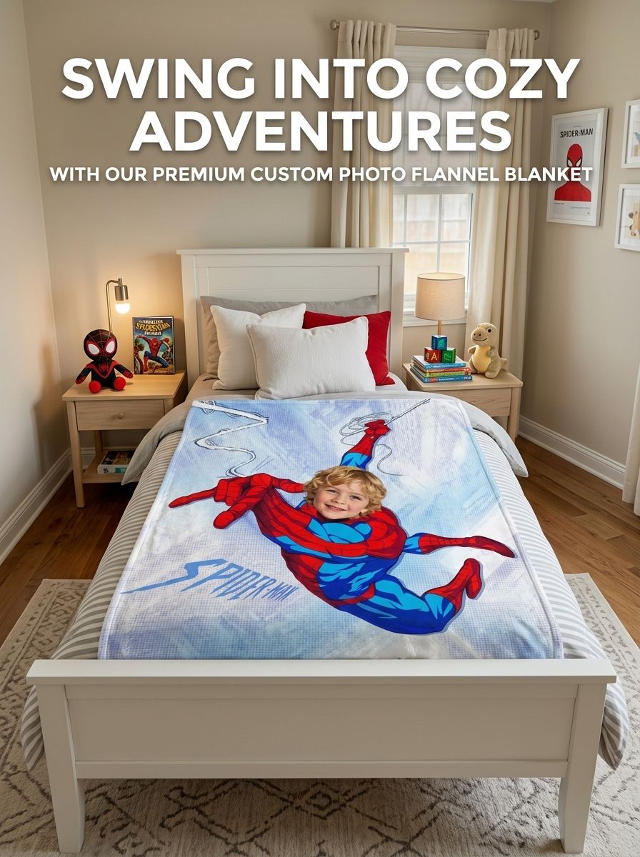 Custom Photo Superhero Flannel Throw Blanket Personalized Face Portrait Ultra Soft Cozy Bedding Gift for Kids
