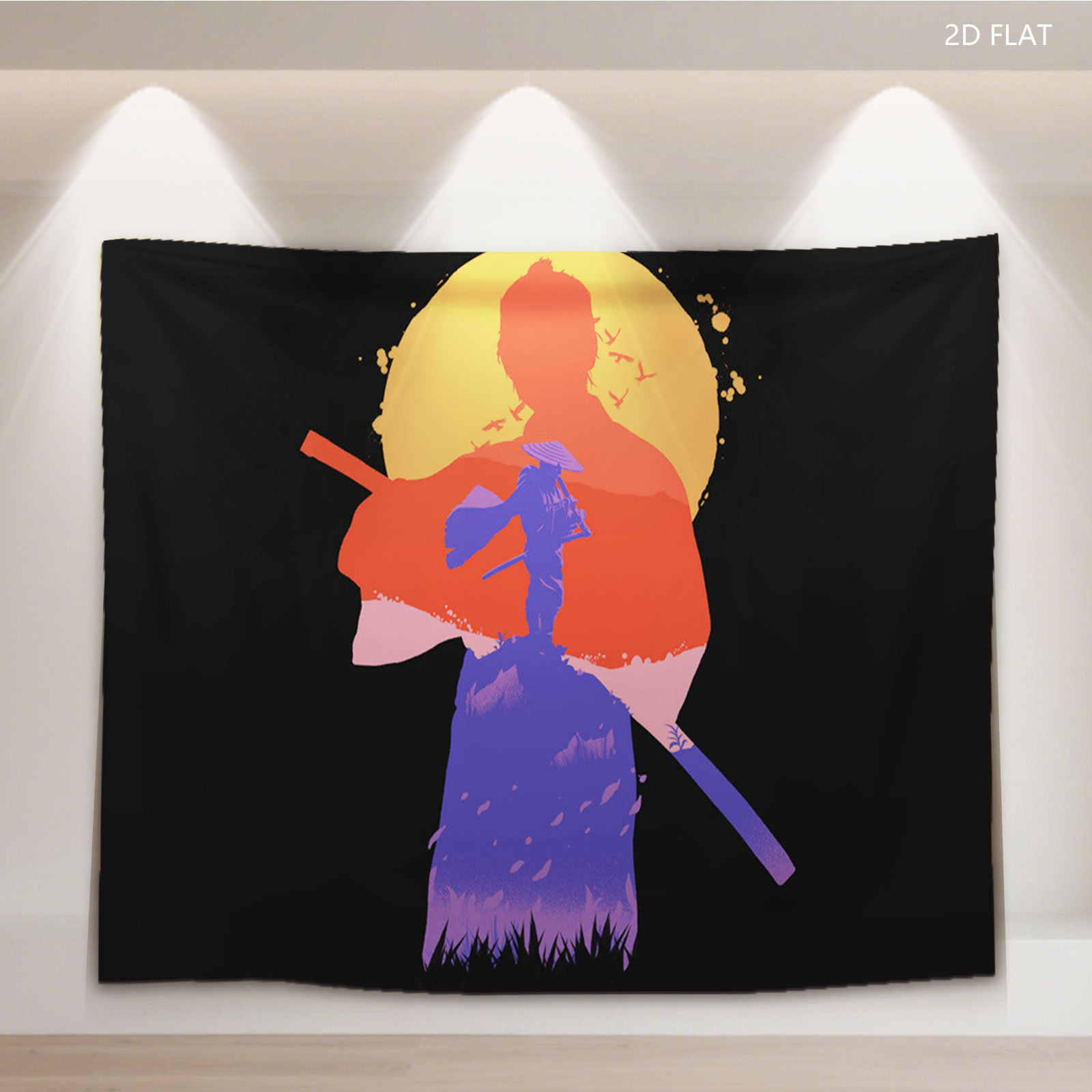 Samurai Silhouette Against Sunset with Mount Fuji and Birds - Tapestry