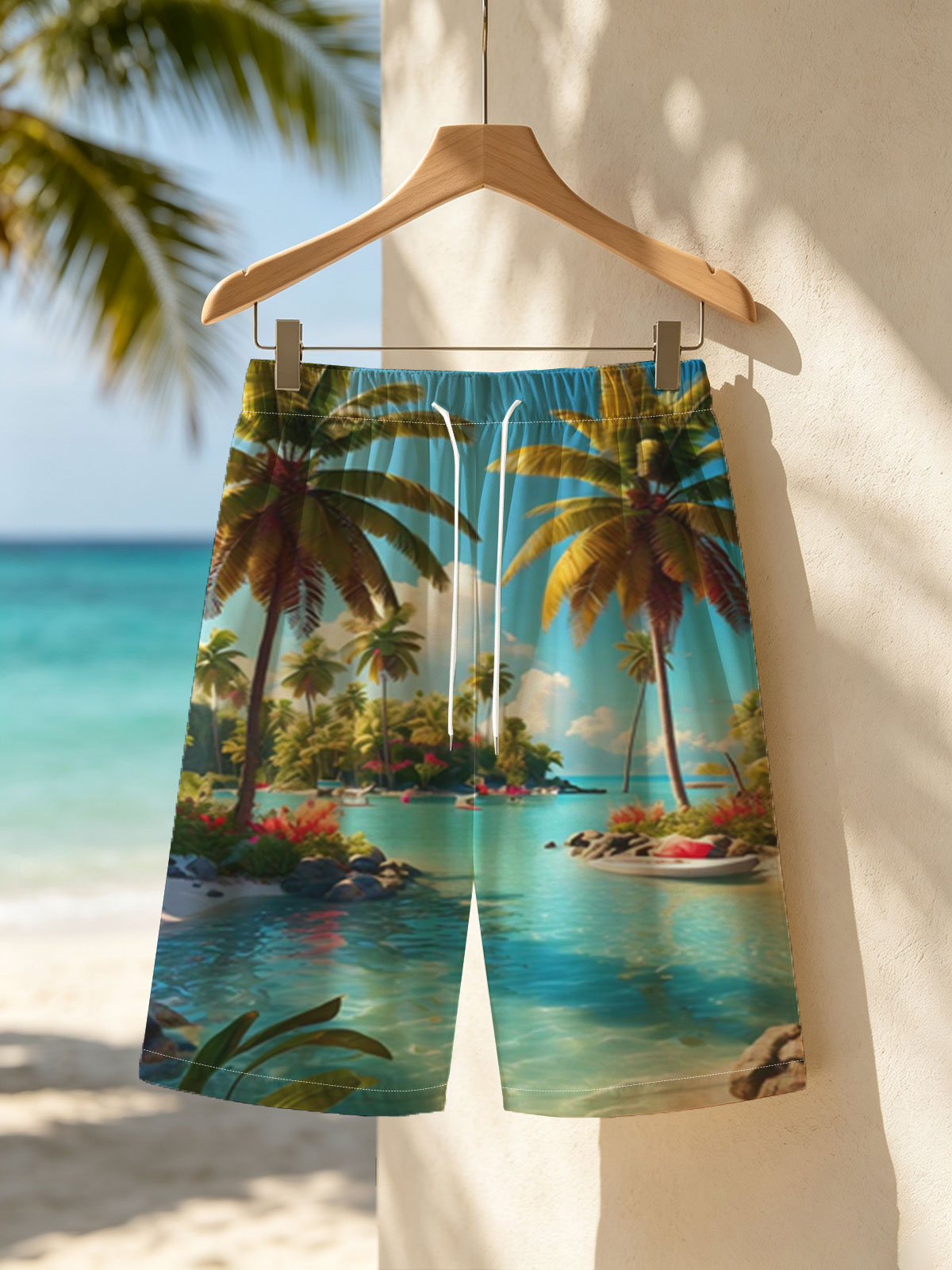 Tropical Paradise with Palm Trees and Crystal Clear Water -  Beach shorts