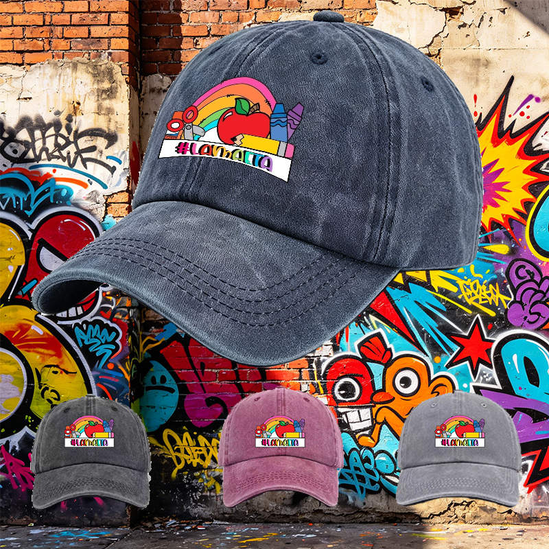 Men's Printed Washed Cap with Rainbow Apple Crayon Design #LAMAAETA Casual Round Neck Summer Lightweight Washed Hat for Outdoor Activities and Daily Wear Adults Unisex Style