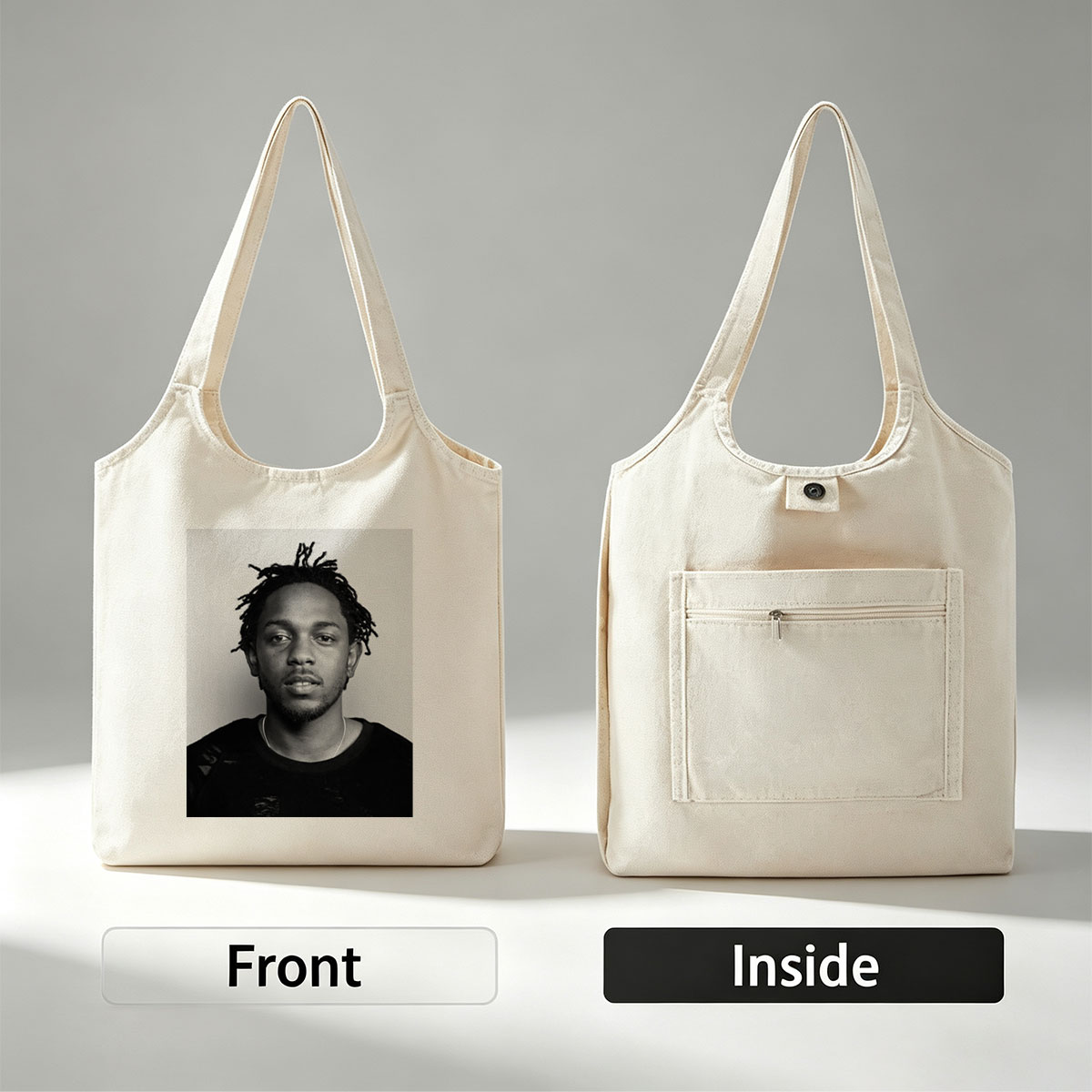 Kendrick Lamar Portrait in Black and White with Dreads and Neutral Expression - Canvas shoulder bags/