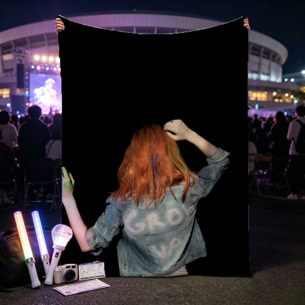BTS Jungkook in a vibrant performance scene with colorful hair and denim jacket against a black background - Blankets