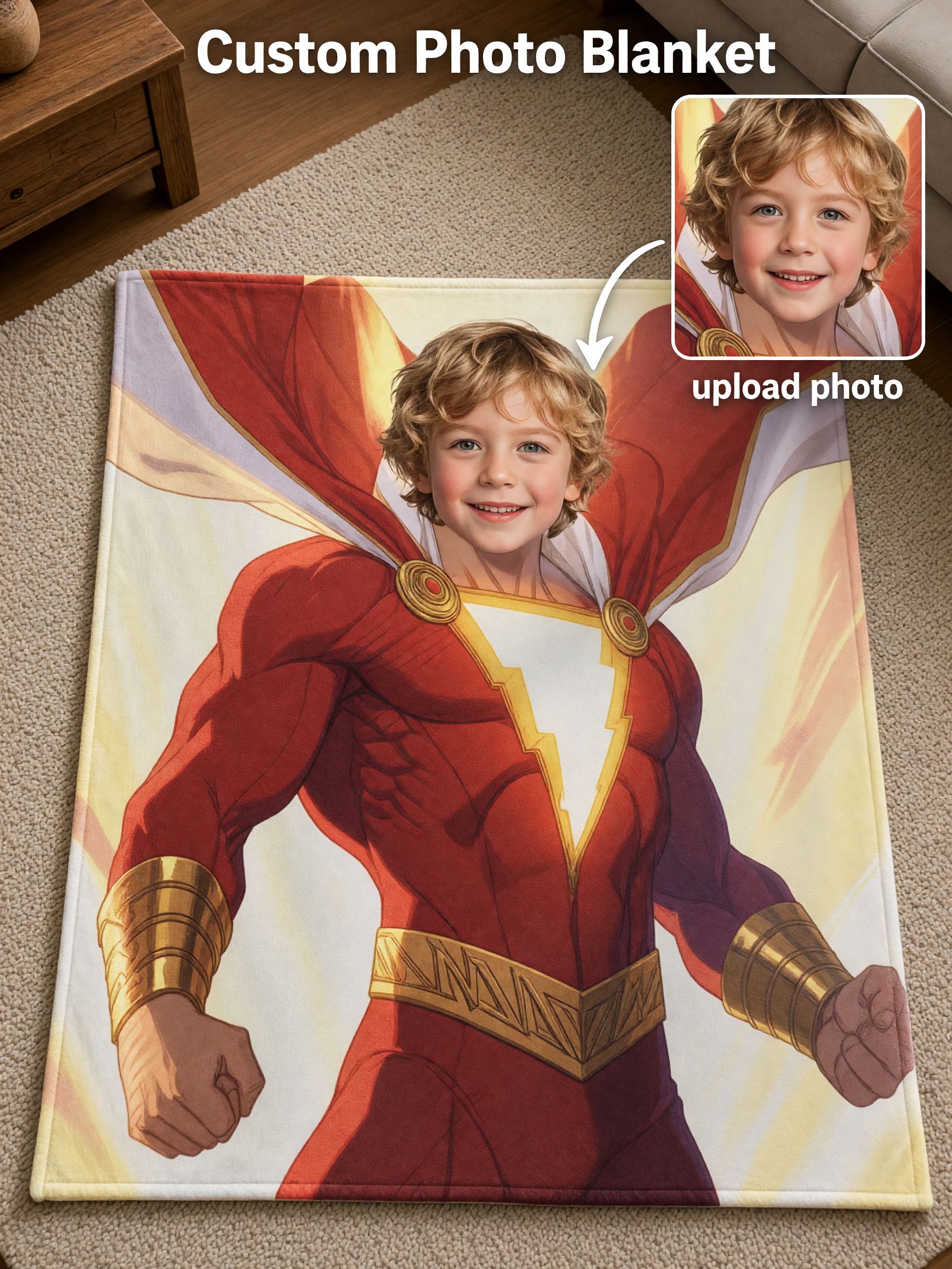 Custom Superhero Face Photo Blanket, Personalized Plush Flannel Throw Blanket for Kids, Ideal Cozy Keepsake Gift