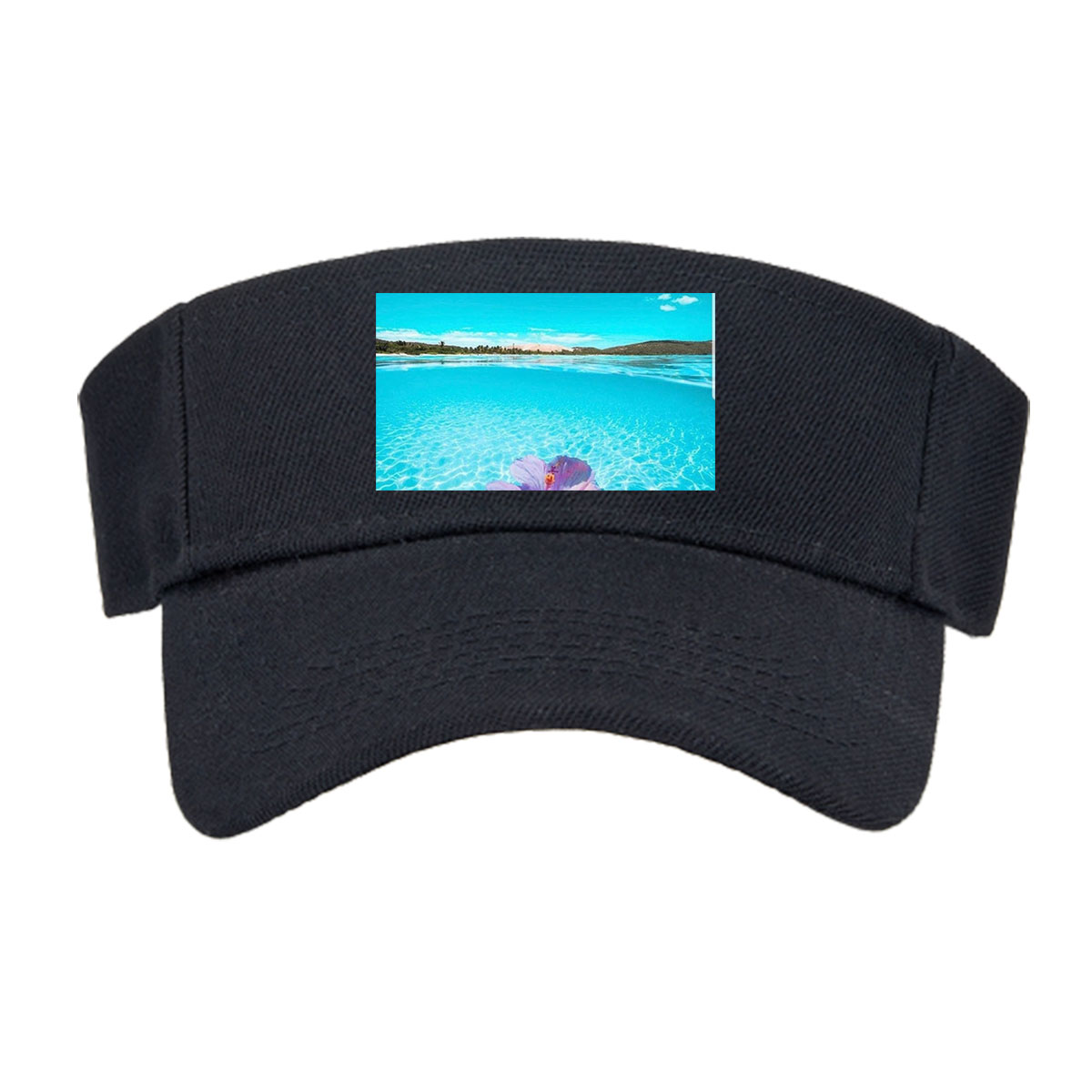Hand holding a pink hibiscus flower over crystal-clear turquoise water under a bright blue sky. -  Visor cap