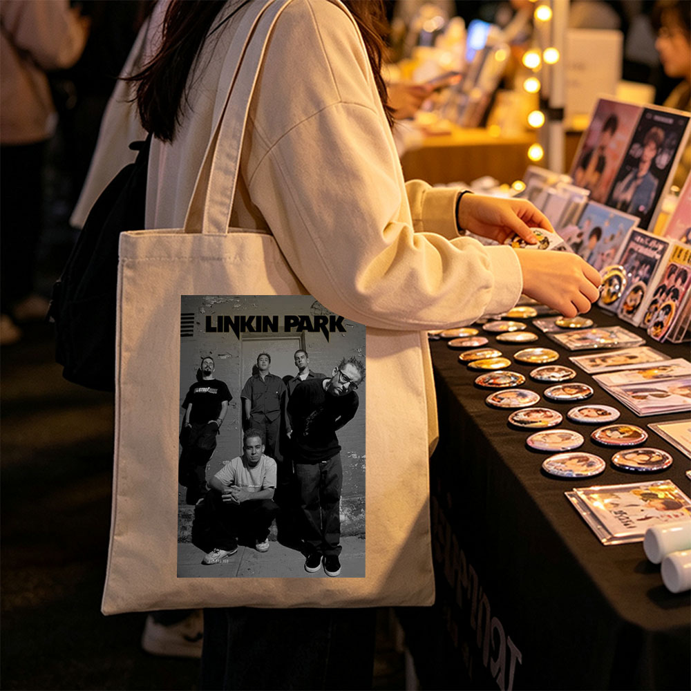 Linkin Park Band Members in a Grungy Urban Setting with Black and White Aesthetic - Canvas tote bags