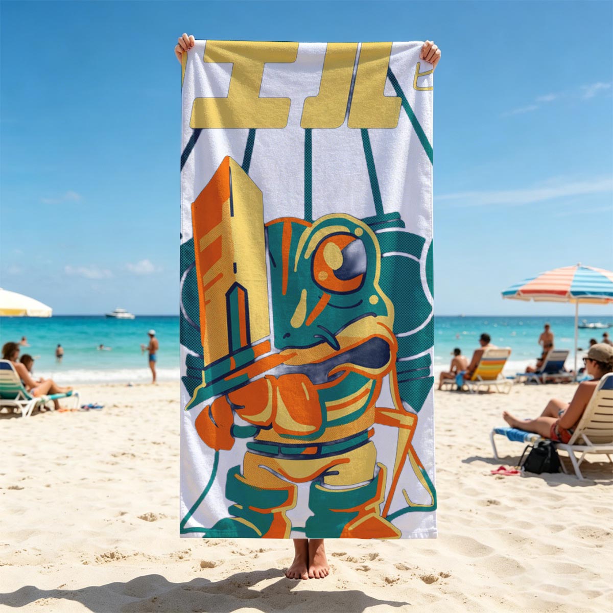 Frog Hero: Animated Character in Armor with Sword and Mechanical Background - Beach towels
