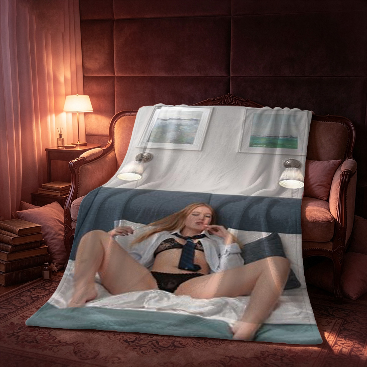 Blonde in white lace lingerie and gold satin slip, pulling down panties in kitchen. - Blanket