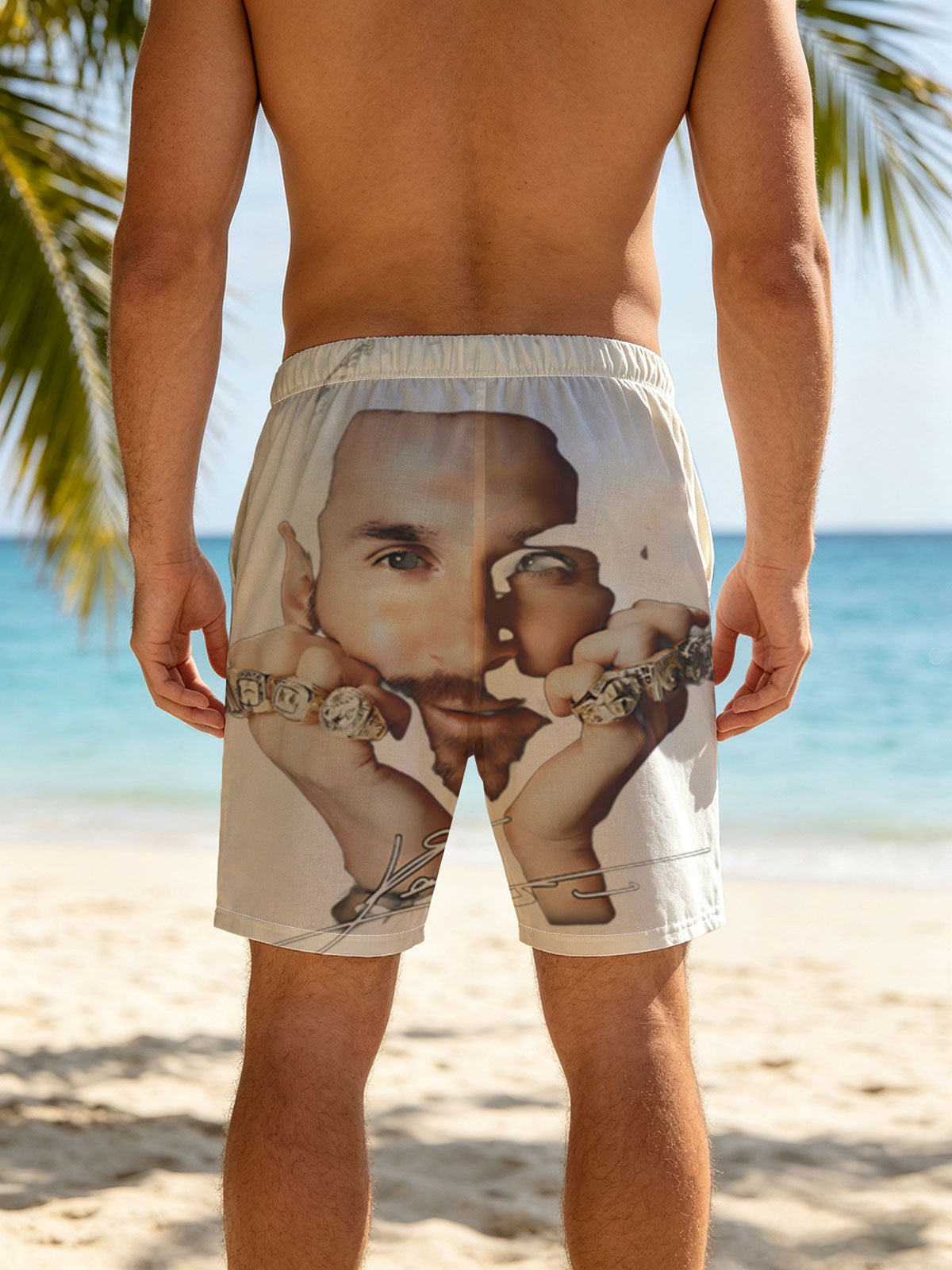 Lionel Messi with Championship Rings Signature Portrait -  Beach shorts