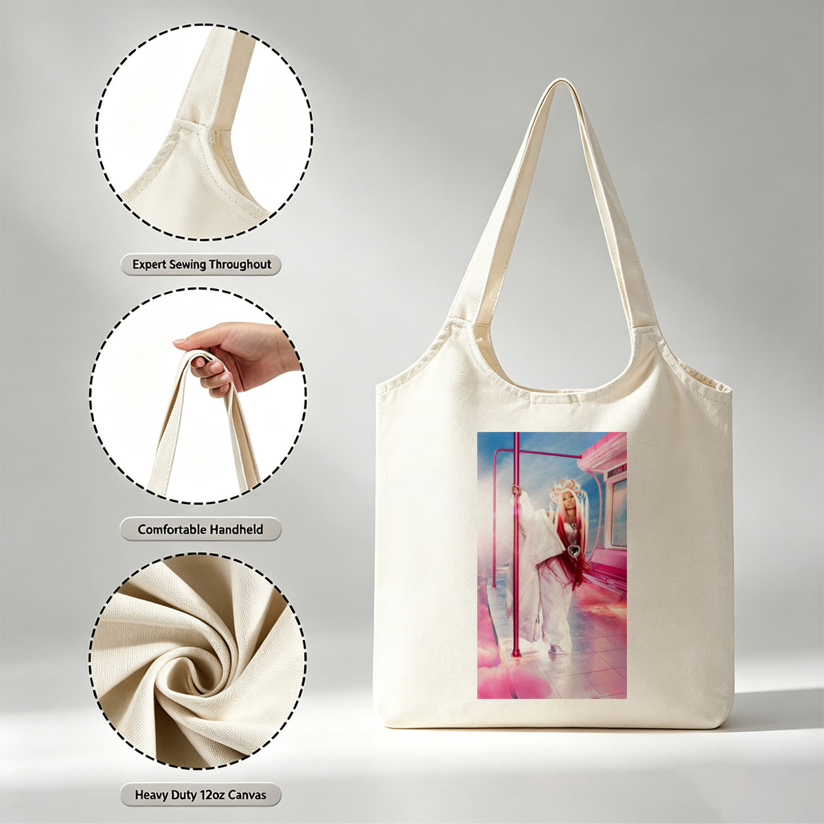 Nicki Minaj in a Pink Fantasy Scene with Futuristic Bus and Clouds - Canvas shoulder bags/