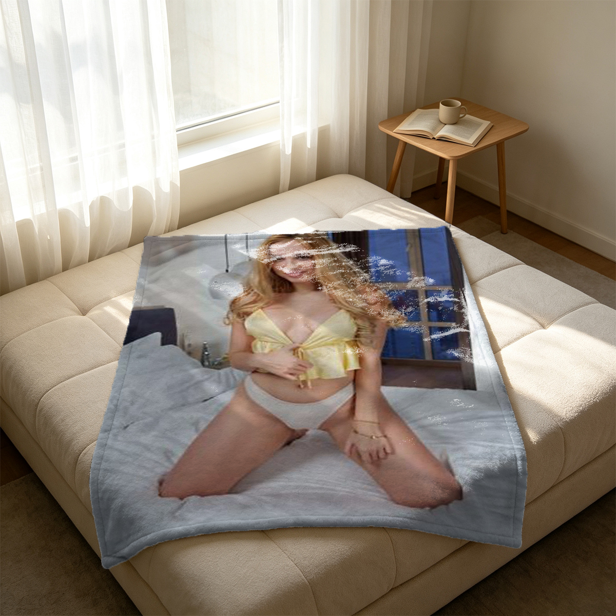 Three Women in Sheer Bodysuits and Lingerie Embracing by the Window - Blanket