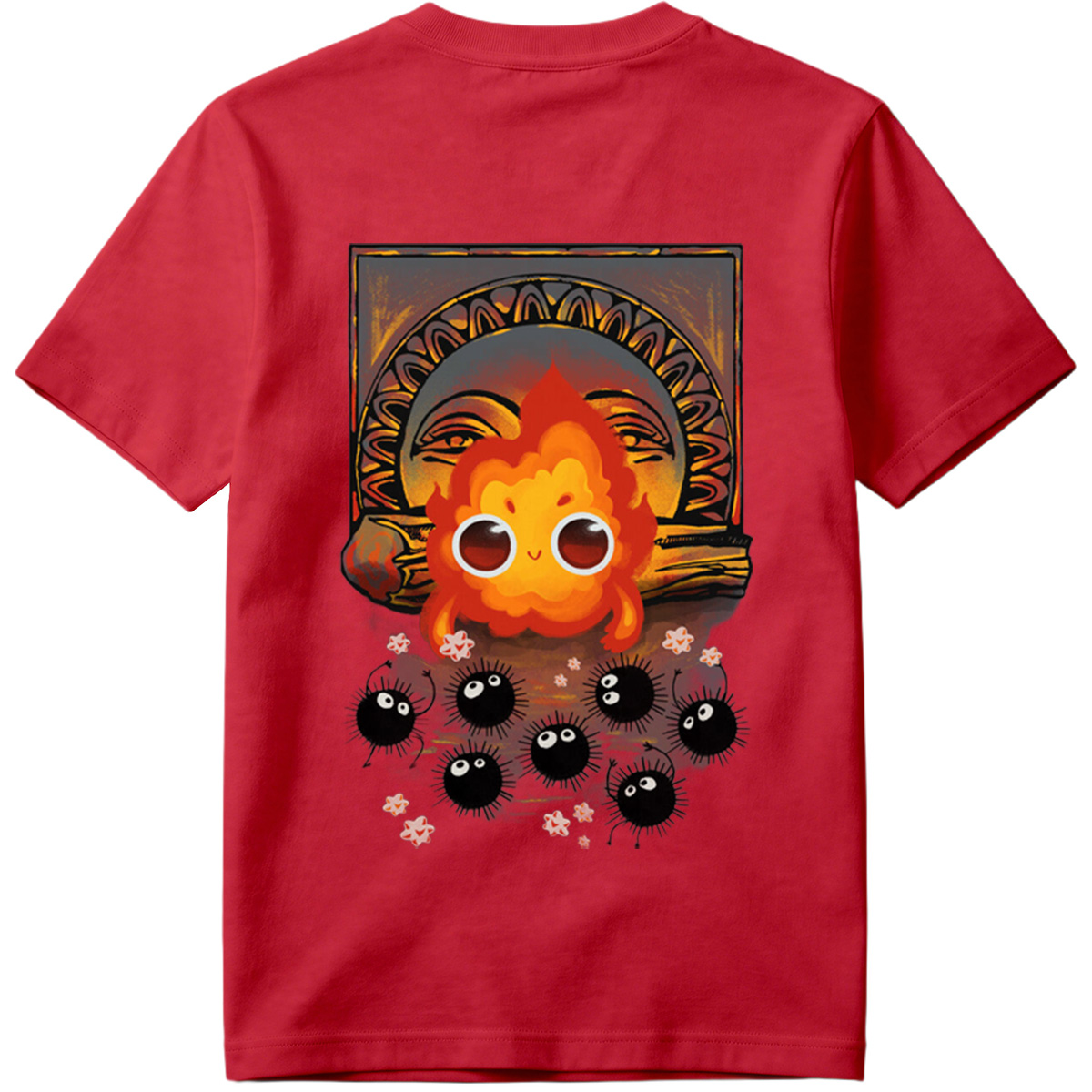 Cute Flame Character with Black Spiky Creatures and Ancient Mask Background - Tee