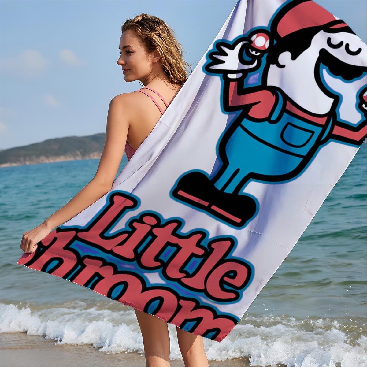 Little Shrooms: Mario-Inspired Mushroom Character with Red Caps and Blue Overalls - Beach towels