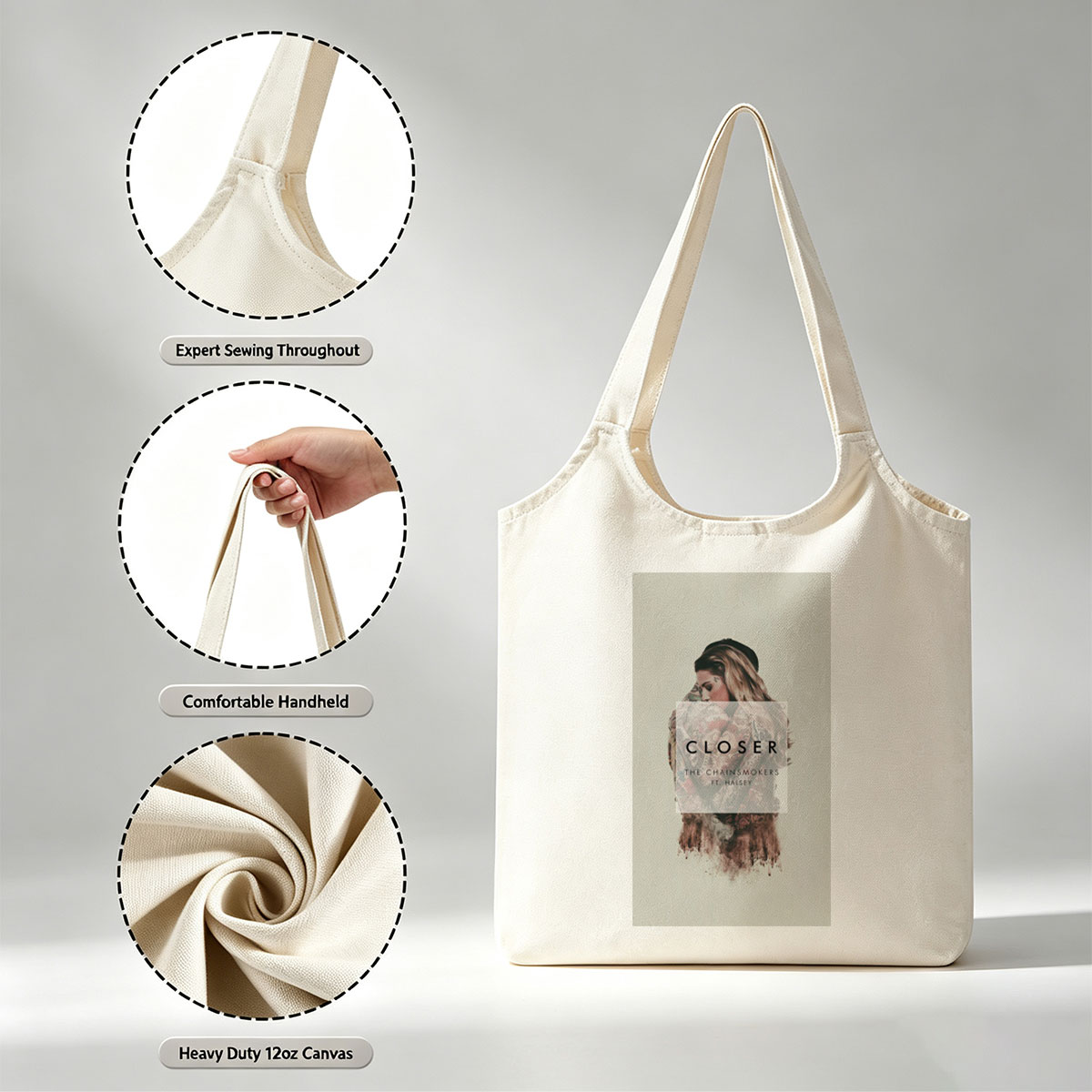 The Chainsmokers and Halsey in a Romantic Scene with Floral Artistic Design for Closer Music Cover - Canvas shoulder bags/