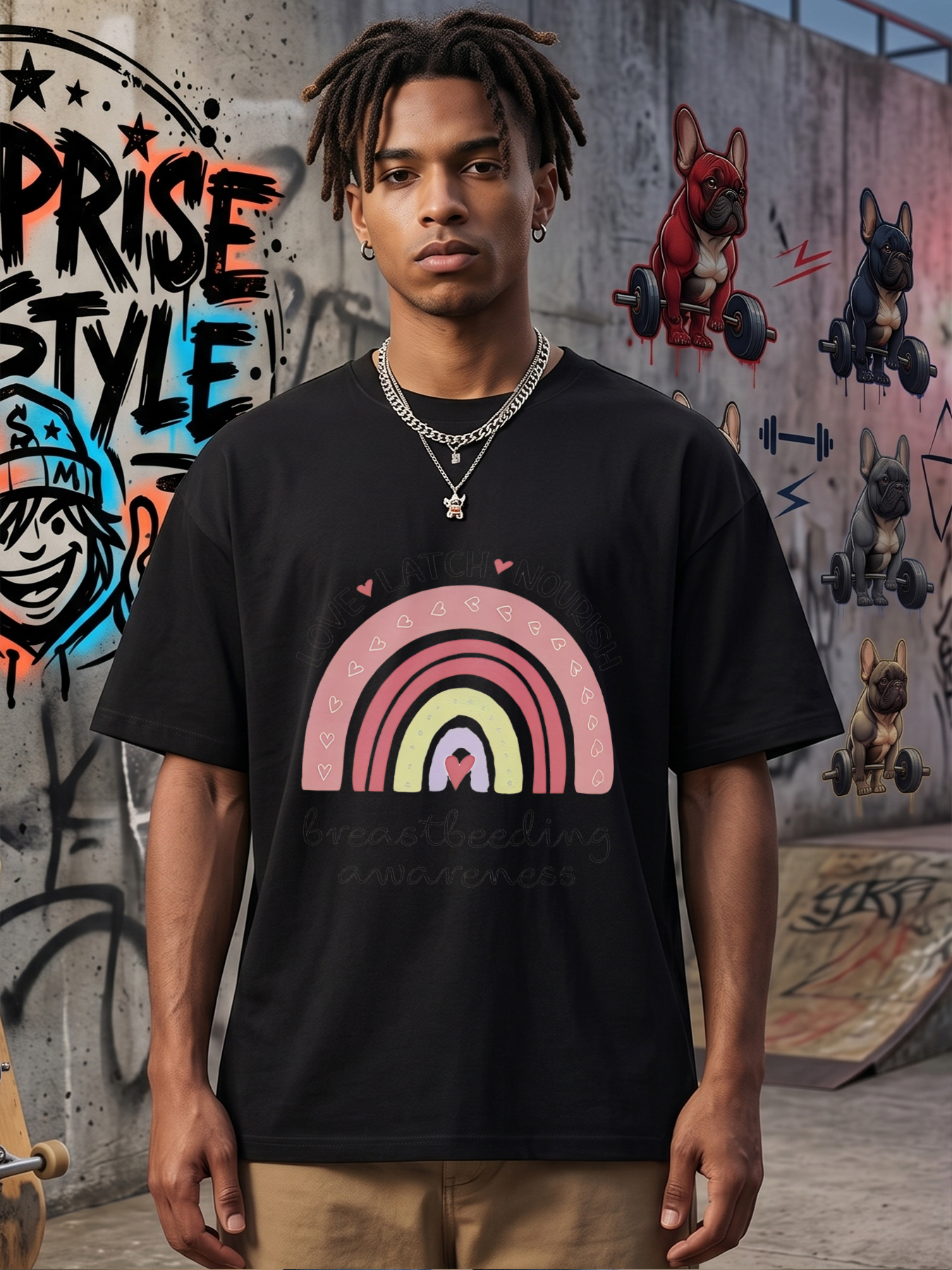Men's Printed T-Shirt Rainbow Heart Love Latch Nourish Breastfeeding Awareness Graphic Casual Round Neck Summer Lightweight Breathable Short Sleeve Tee for Adults Supporting Maternal Health and Parenting Community