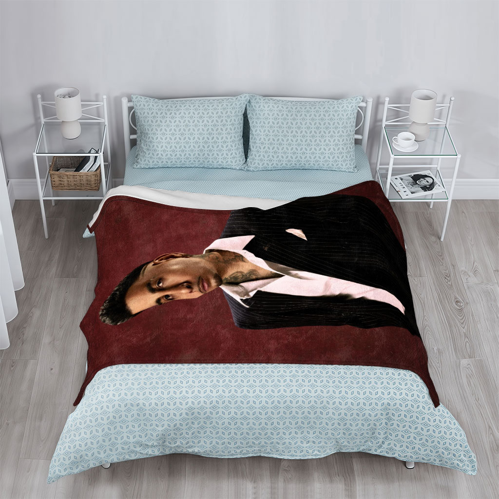 Maluma in a Pinstripe Suit Against a Deep Red Background - Blankets