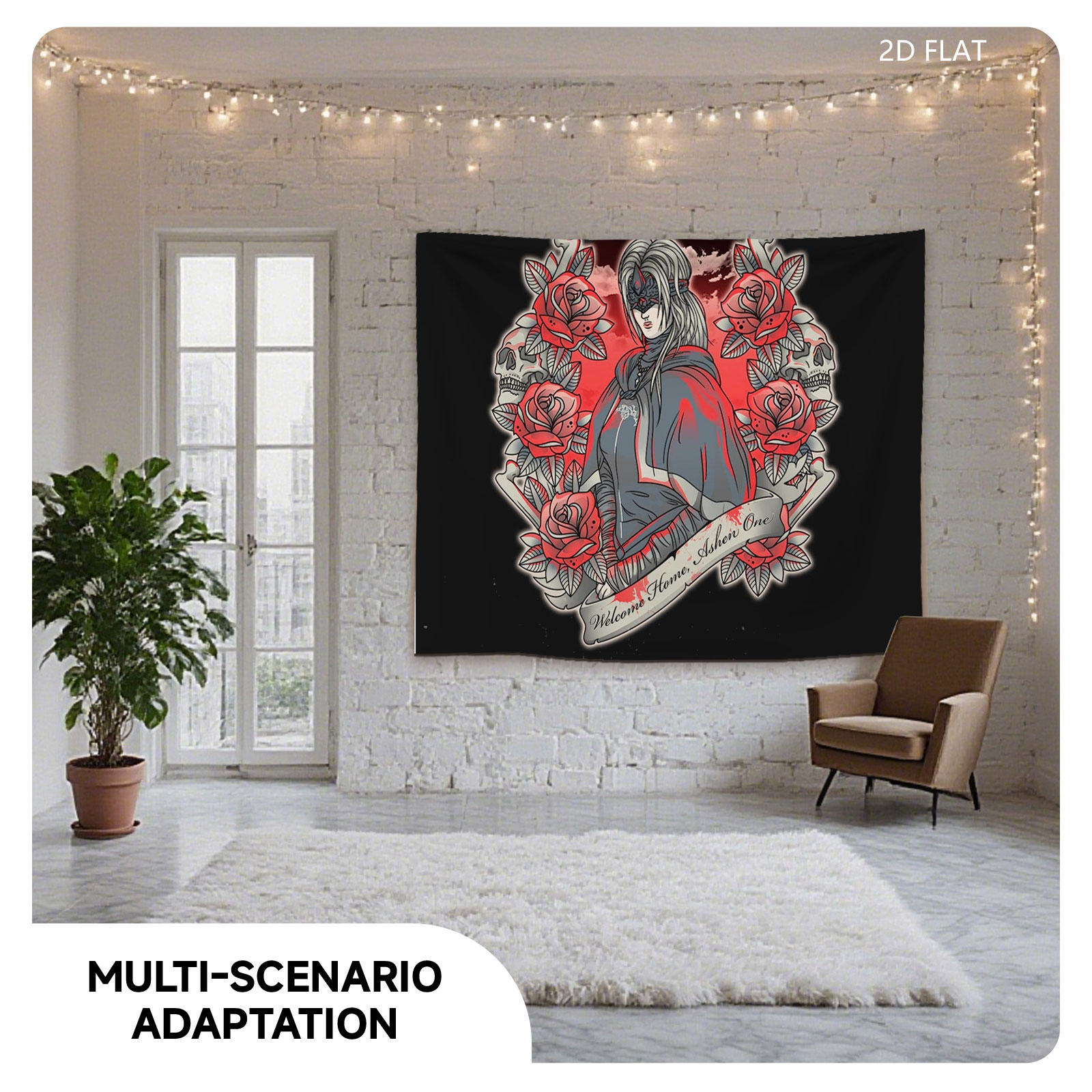 Welcome Home, Ashen One: A Mysterious Figure in a Red and Gray Cloak Surrounded by Roses and Skulls - Tapestry