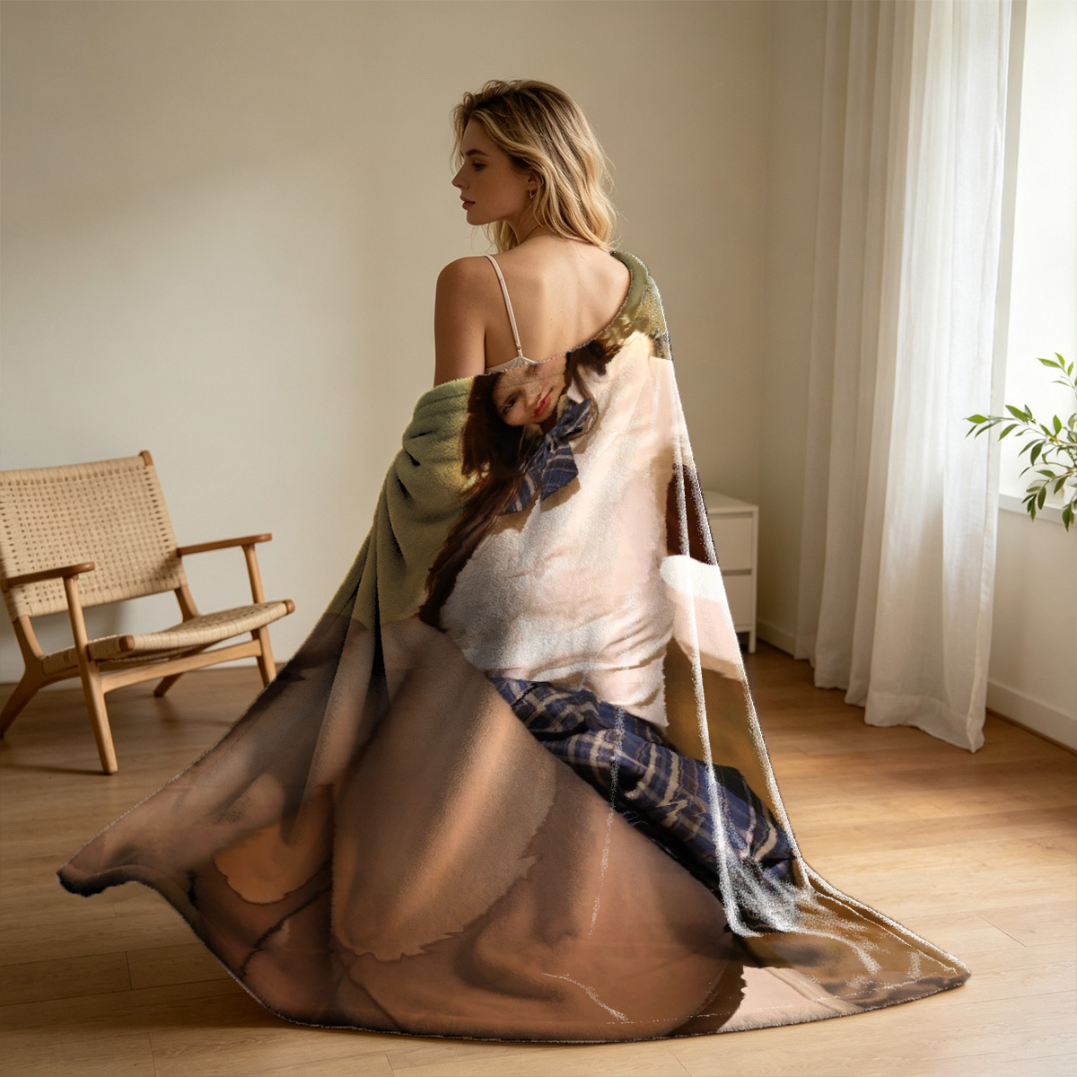 Blonde woman in green dress bending over to pick up a magazine, bare bottom exposed. - Blanket