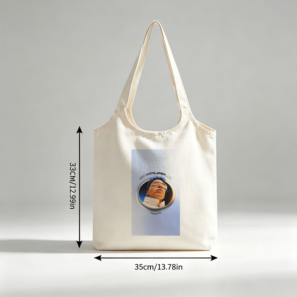 Rauw Alejandro in Space Through a Circular Window with Starry Background and Futuristic Look - Canvas shoulder bags/