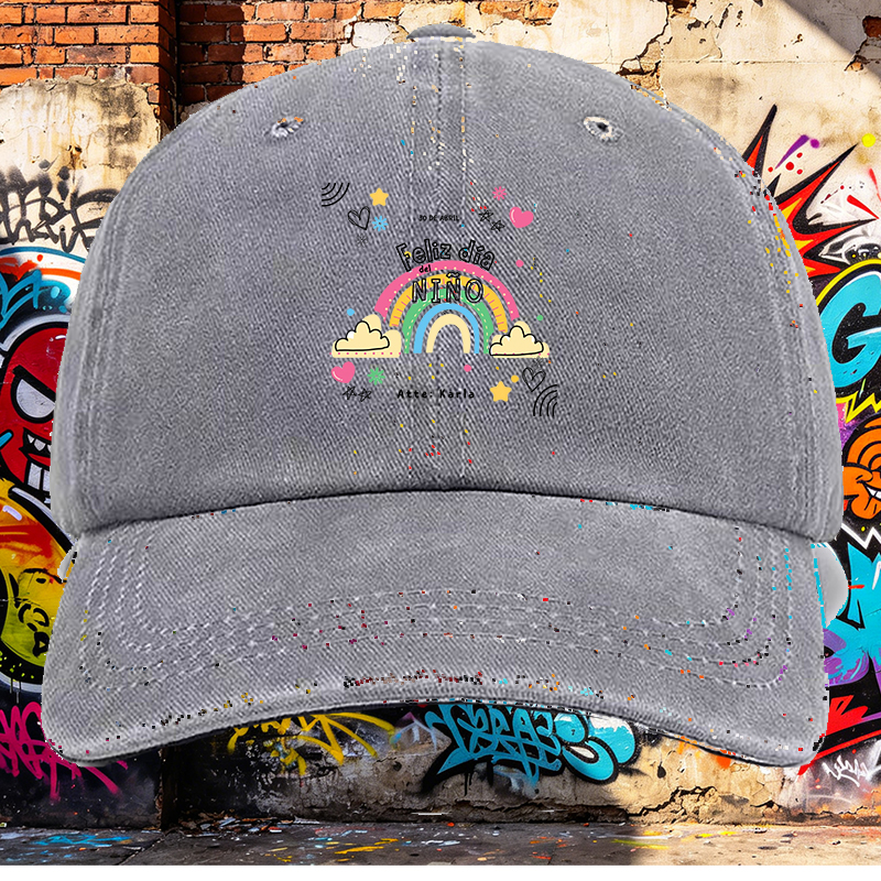 Men's Printed Washed Cap with Rainbow and 