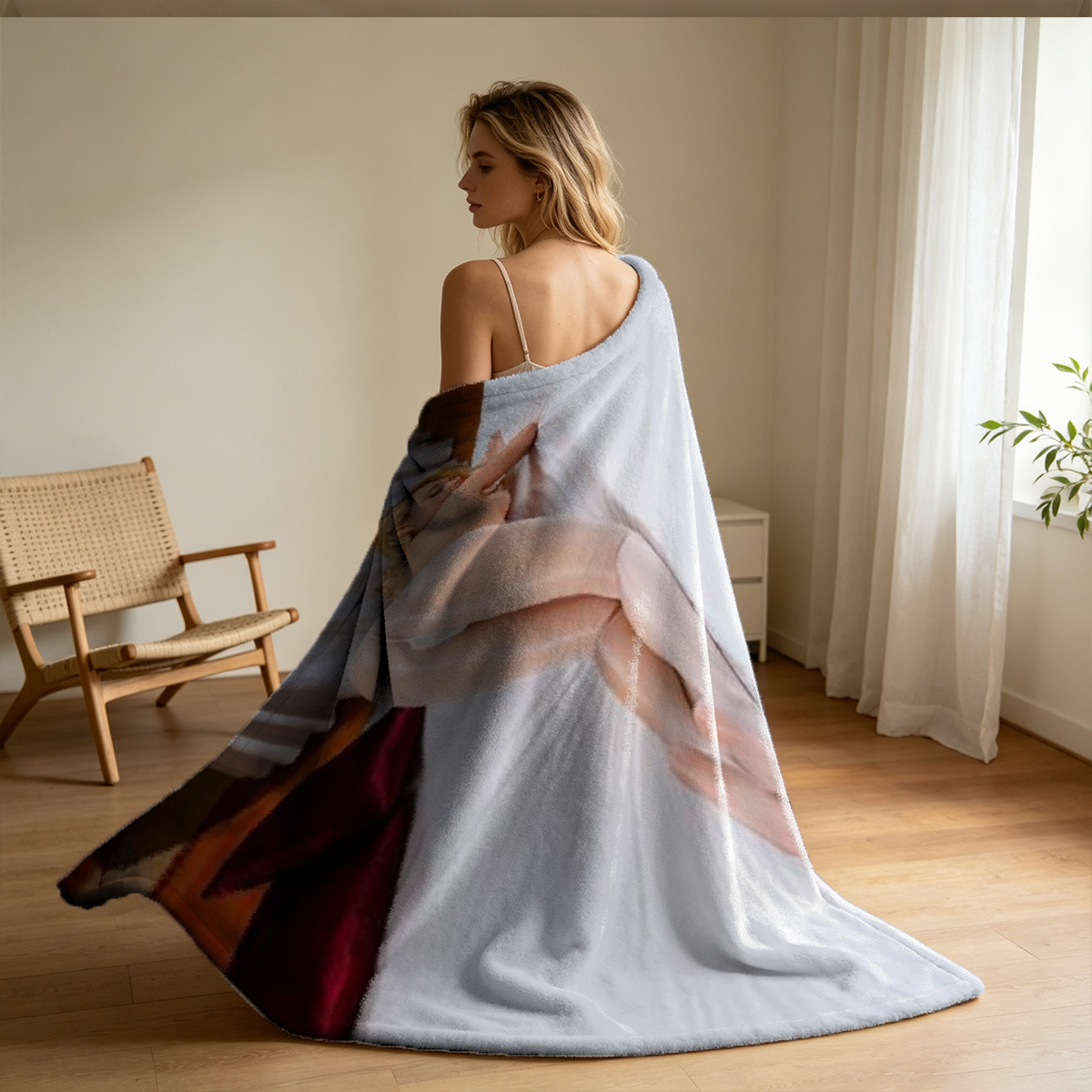 Blonde woman in striped black dress posing seductively with hands on chest and neck. - Blanket