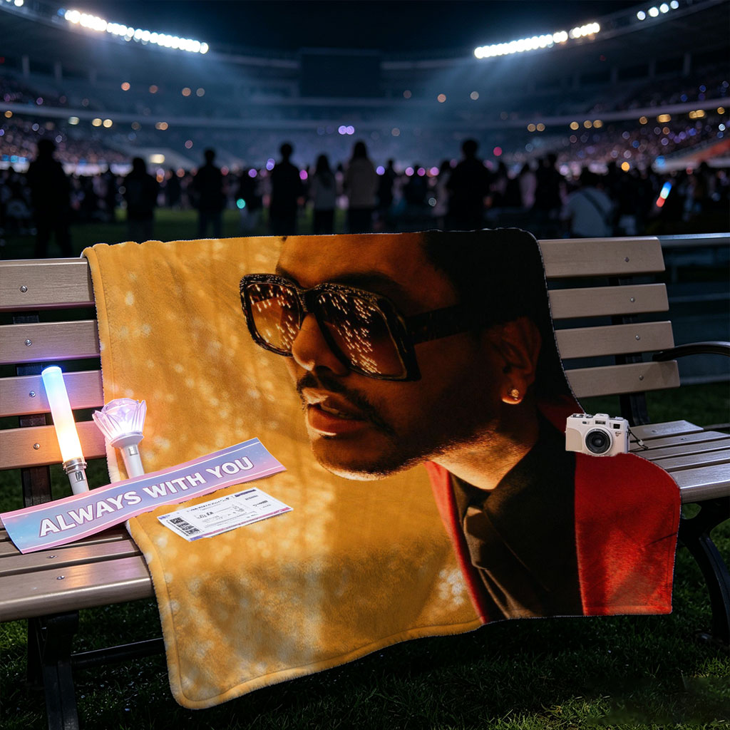 The Weeknd in a Red Suit and Sunglasses Against a Golden Lighted Background - Blankets