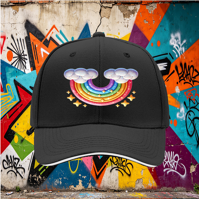 Unisex Classic Sandwich Hat with Rainbow and Cloud Print - Perfect for Outdoor Activities, Festivals, and Casual Wear - Ideal for Adults and Teens Seeking Fun, Colorful Headwear