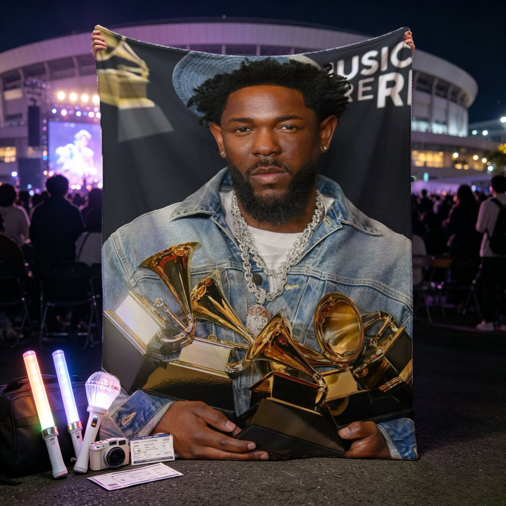 Kendrick Lamar at the Grammy Awards Holding Multiple Trophies - Blankets