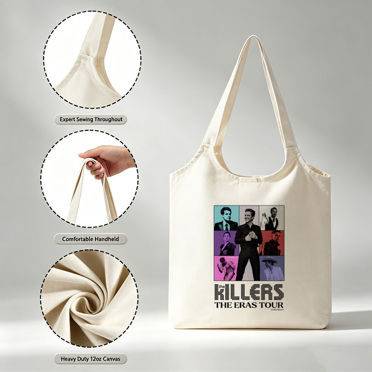 The Killers The Eras Tour Poster Featuring Band Members in Colorful Grid Layout - Canvas shoulder bags/