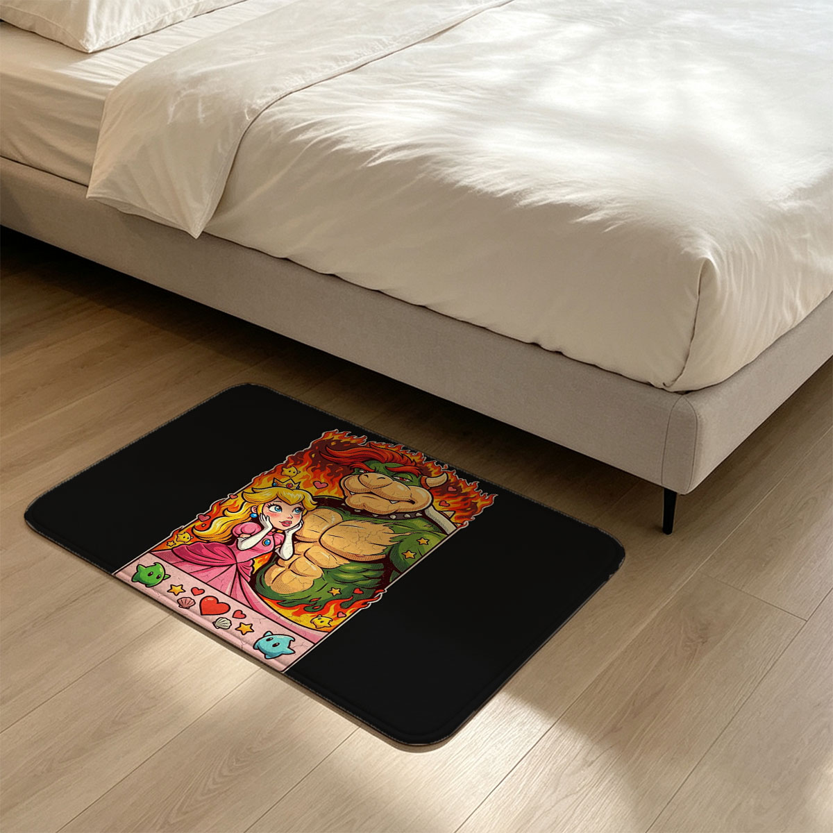 Bowser and Princess Peach in a fiery romantic scene, surrounded by hearts, stars, and mushrooms. - Flannel floor mat