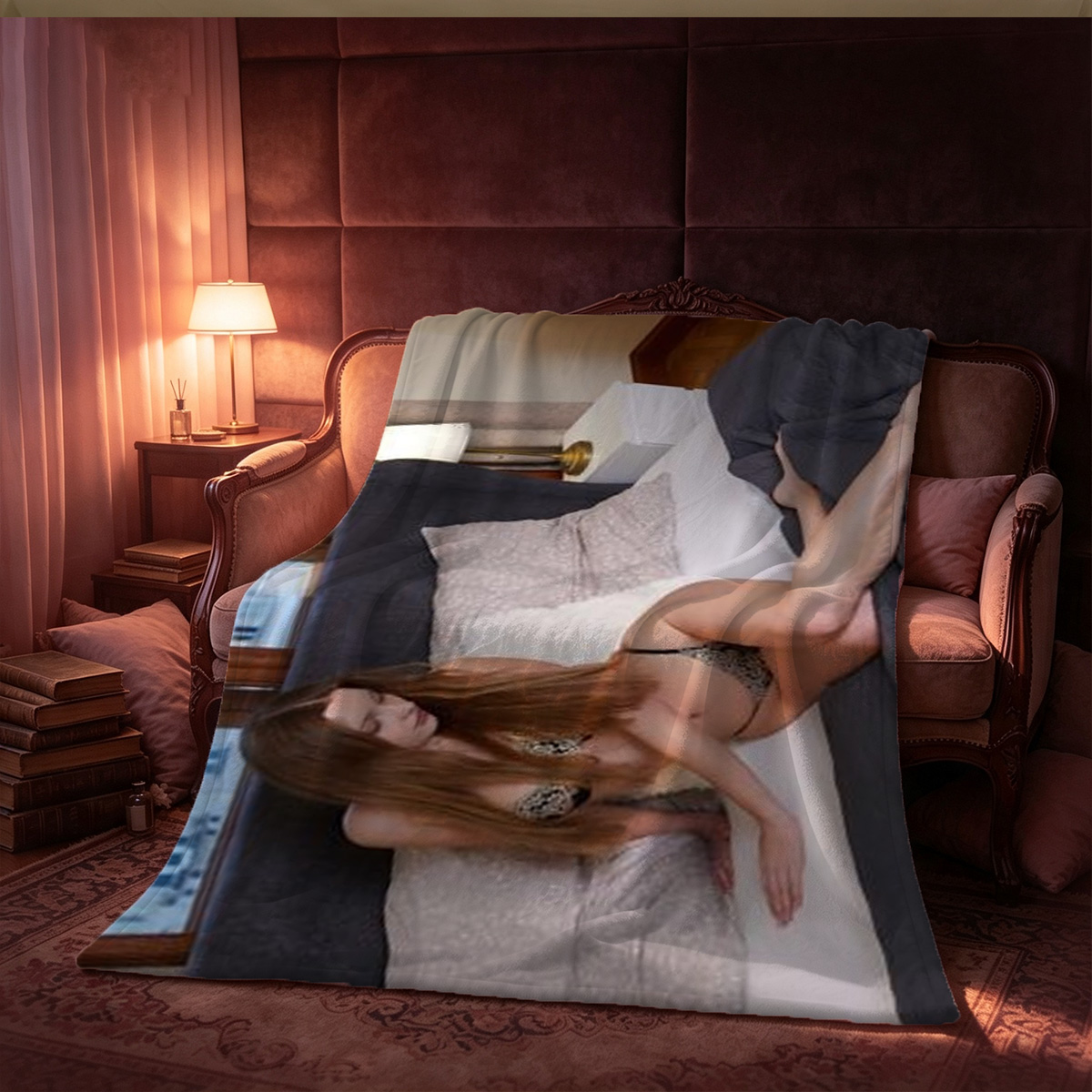 Nude topless Emma Watson in white lace panties on blue couch. - Blanket
