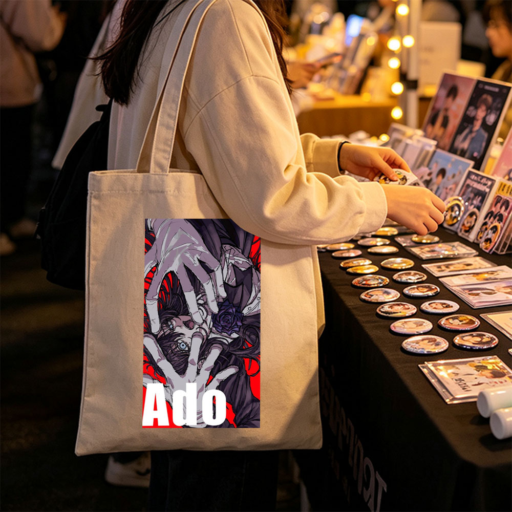Ado - Dramatic Portrait with Hands and Rose on Red Background - Canvas tote bags