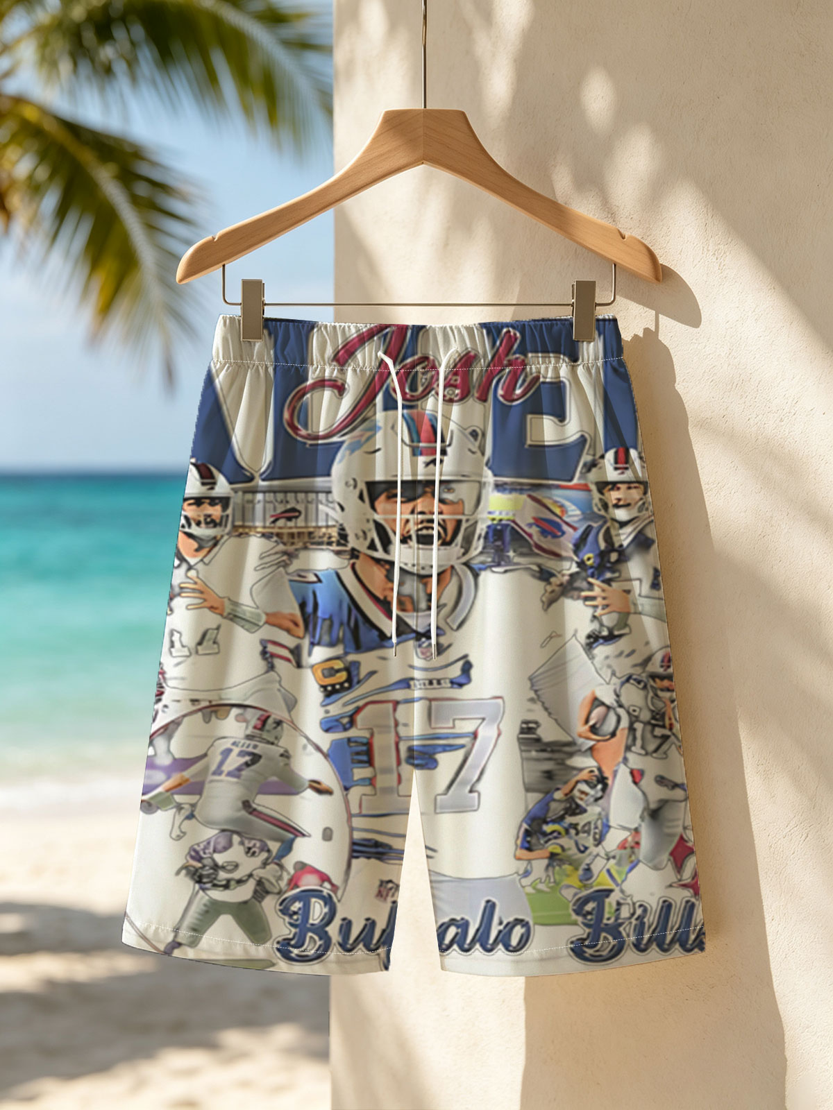 Josh Allen, Buffalo Bills QB #17, NFL Football Star in Action -  Beach shorts