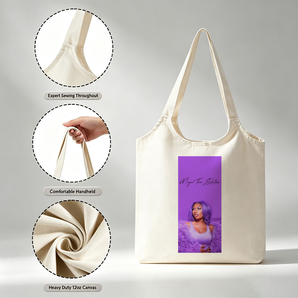 Megan Thee Stallion in Purple Feathered Outfit Against Vibrant Purple Background - Canvas shoulder bags/