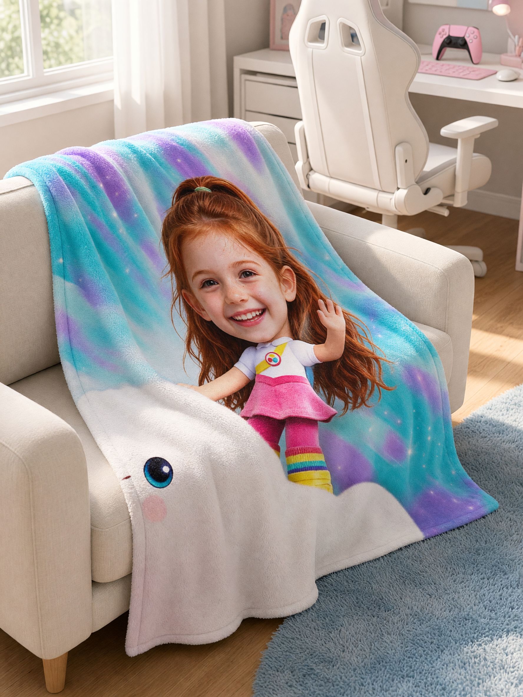 Personalized Face Photo Blanket, Custom Cartoon Cloud Flannel Fleece Throw, Ultra Soft Ideal Personalized Gift for Kids