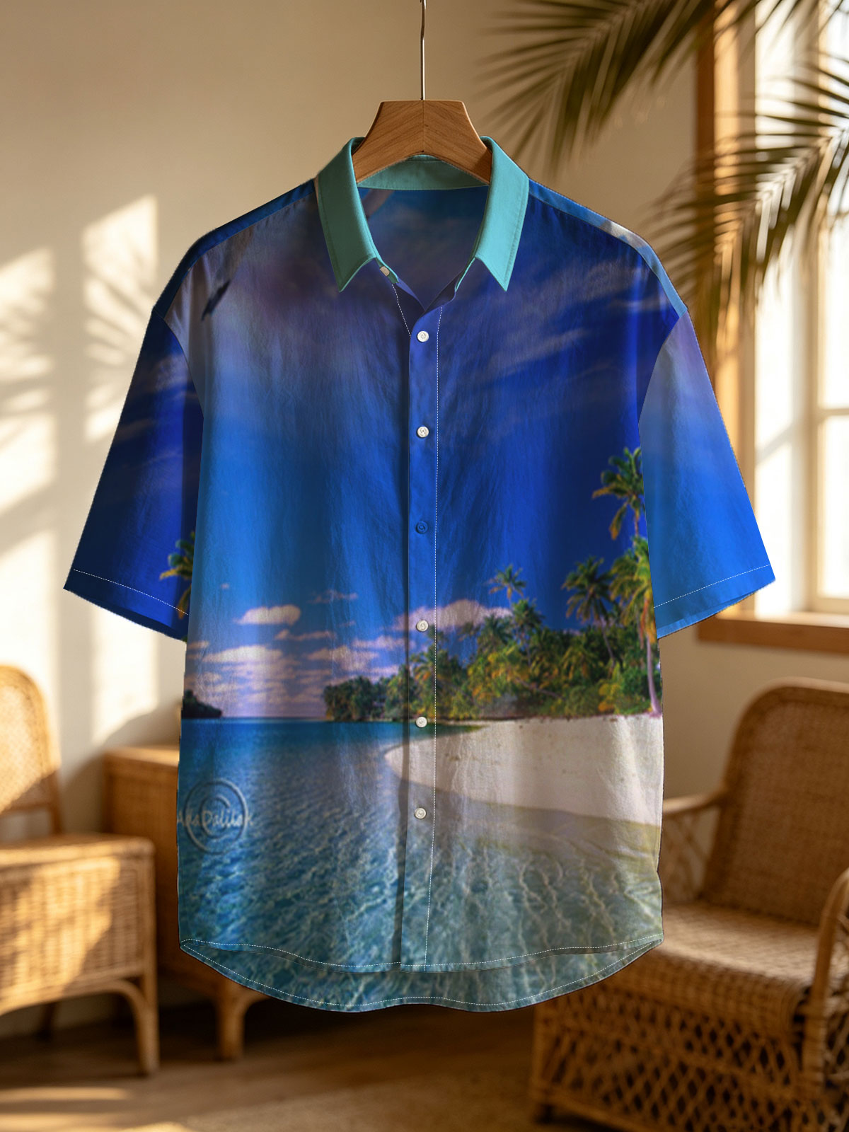 Seagulls soar over a pristine tropical beach with crystal-clear waters and palm trees under a vibrant blue sky. -  Shirt
