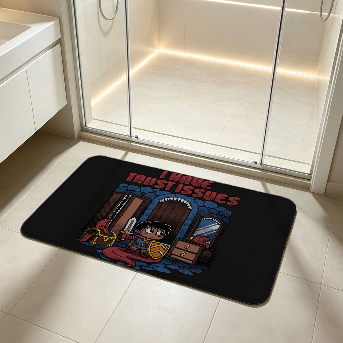 I Have Trust Issues: A Knight with a Sword and Shield Stands Before a Door with a Dragon's Tail, Chest, and Mirror in a Stone Room - Flannel floor mat