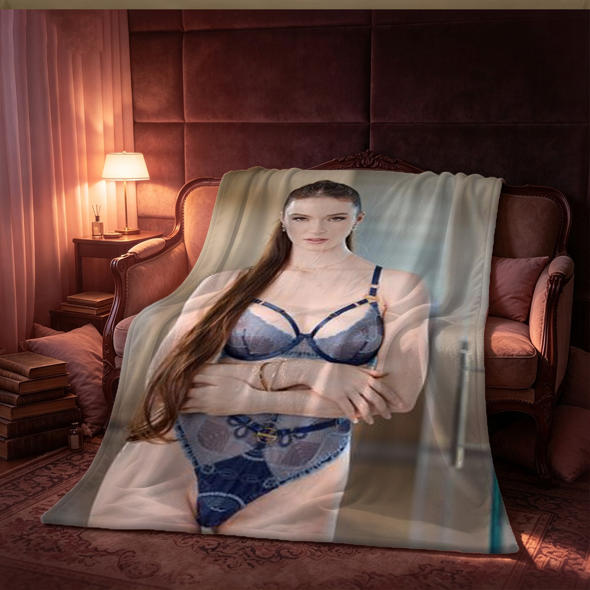Nude Brunette on Leather Couch - Blanket
