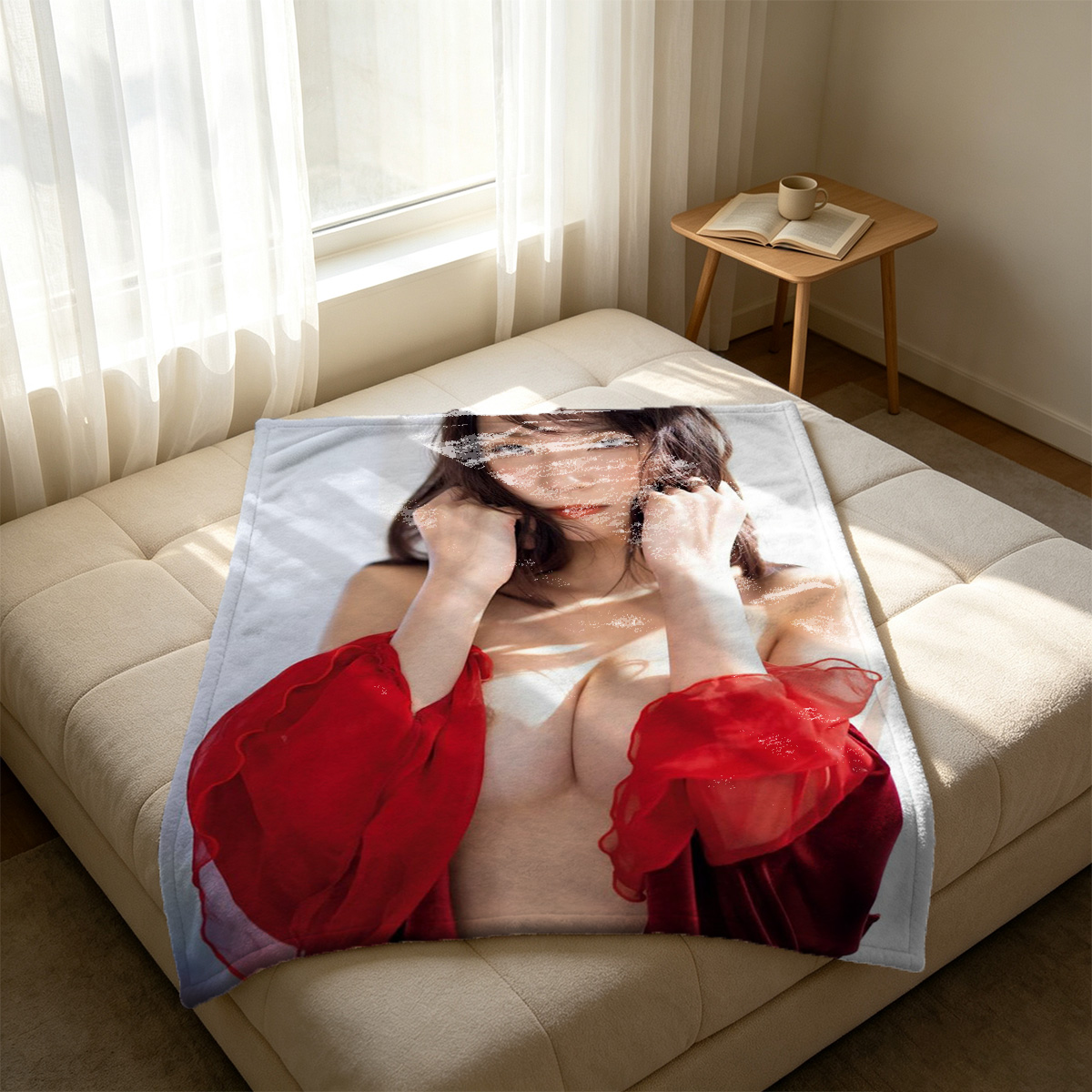 Nude redhead woman sitting on balcony overlooking the sea - Blanket