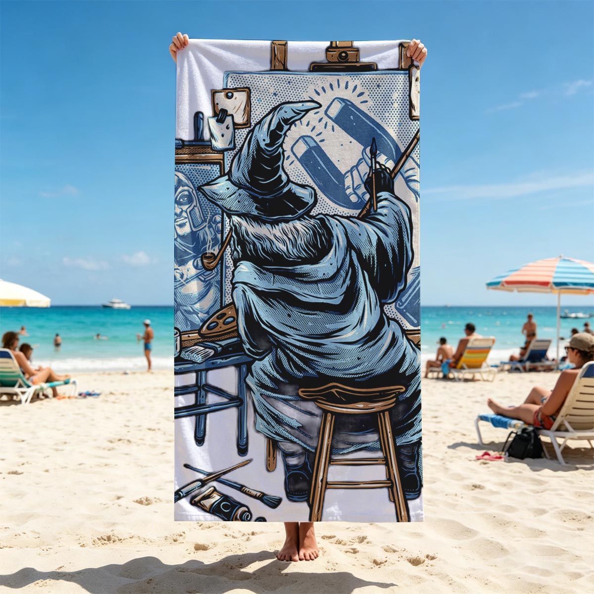 Wizard Artist Paints Loki on Canvas - Beach towels