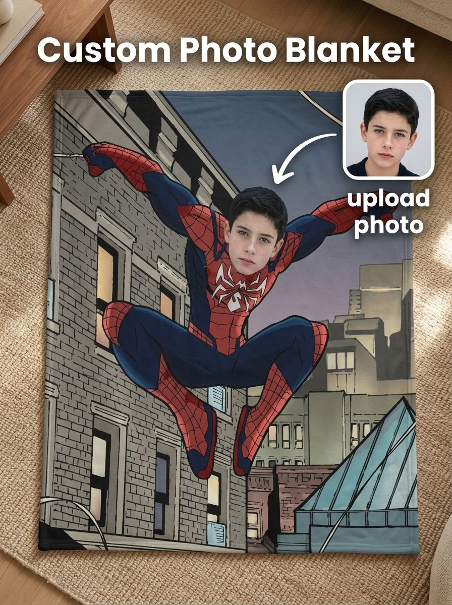 Custom Face Superhero Flannel Fleece Blanket Personalized Photo Comic Throw for Kids and Adults Cozy Bed Couch Gift